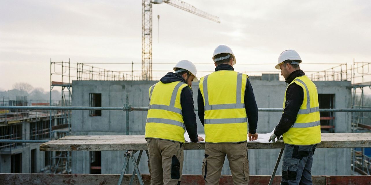 Trois compagnons en gilets haute visibilité autour d'un plan, sur un chantier de construction