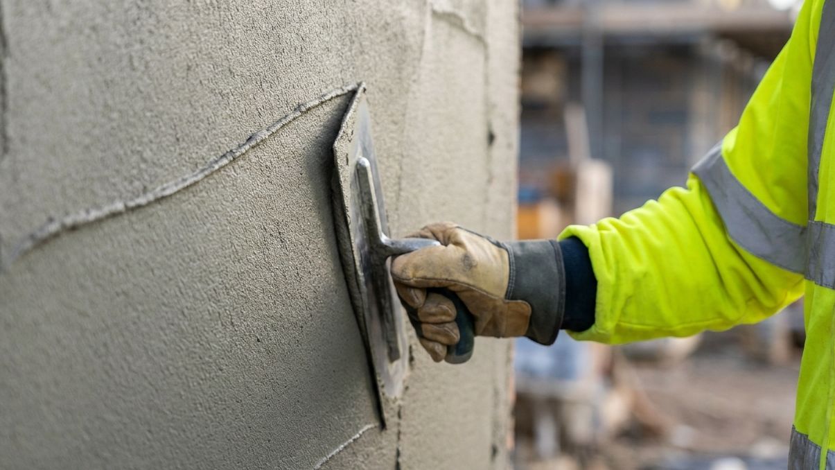 Gros plan sur une truelle lissant un enduit, la manche d'un gilet haute visibilité au bord du cadre