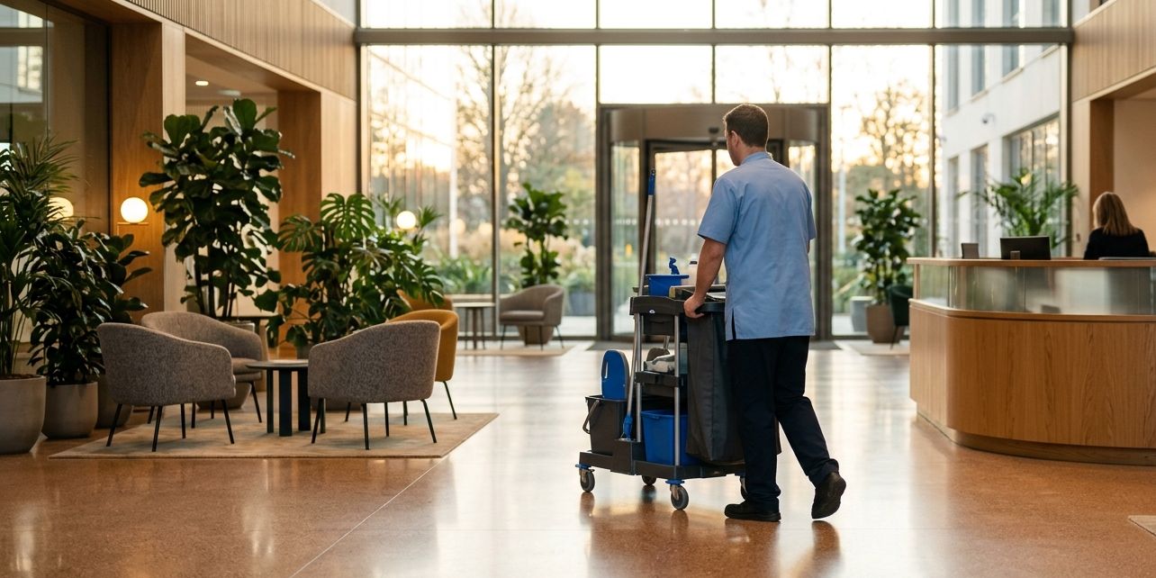 Un agent d'entretien en tunique pousse son chariot dans le hall d'un immeuble de bureaux, au petit matin