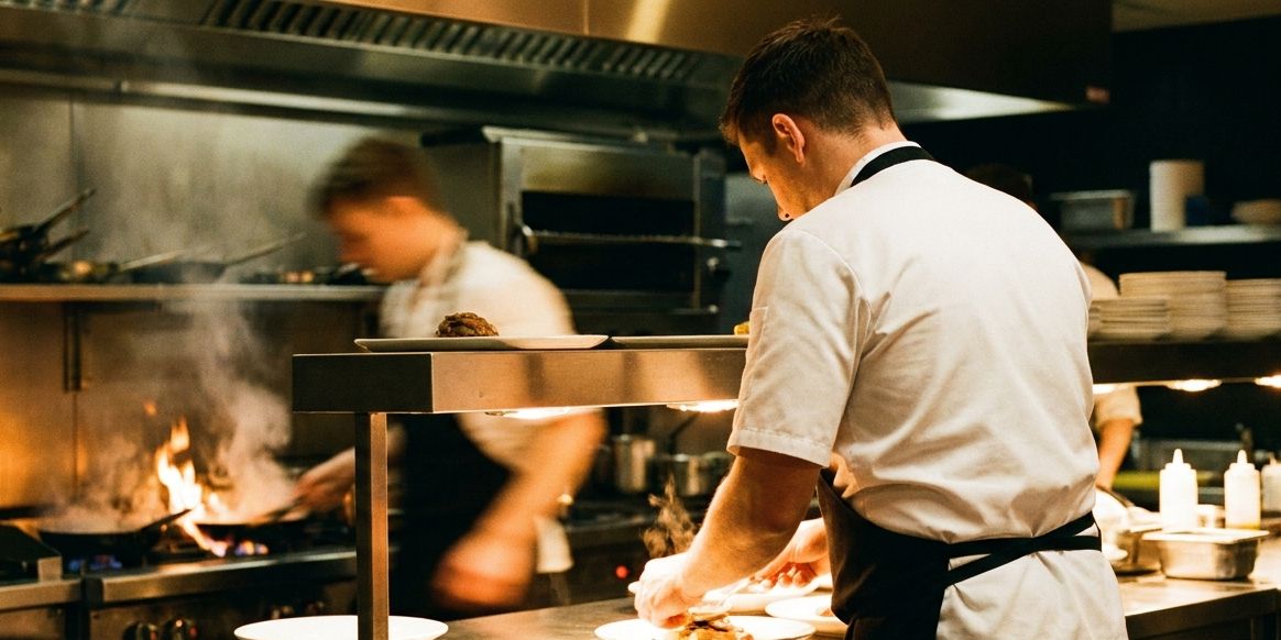 Un cuisinier dresse une assiette sous les lampes chauffantes, pendant le service, dans une cuisine de restaurant