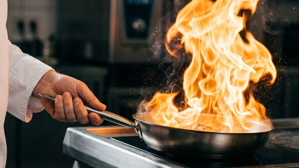 Gros plan sur une poêle en flambage, la manche d'une veste de cuisine blanche au bord du cadre