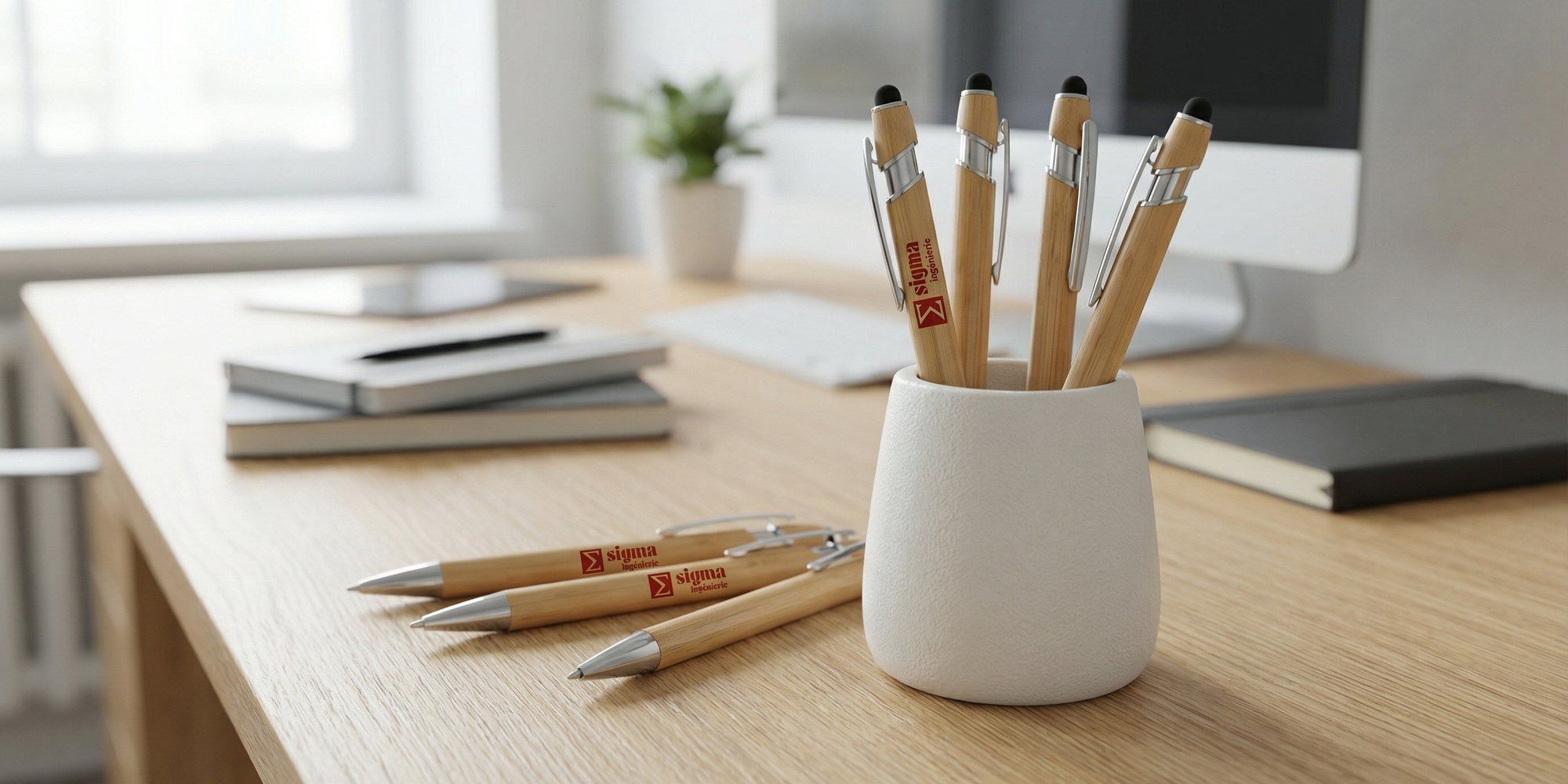 Stylos en bambou imprimés au nom d'un bureau d'études
