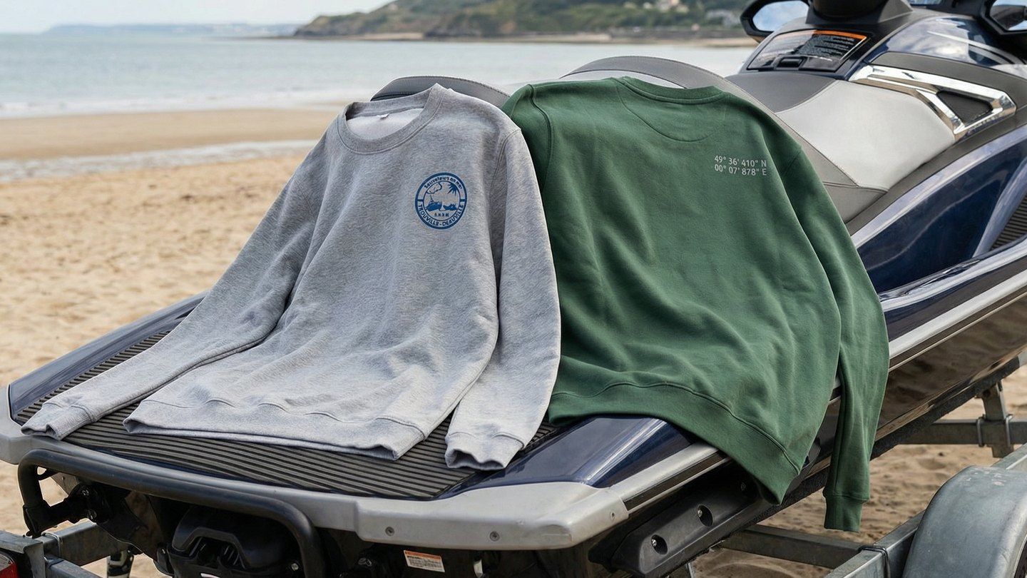 Deux sweats du poste de secours de Trouville posés sur un jet-ski, l'un avec le logo au cœur, l'autre avec les coordonnées à l'arrière de l'épaule