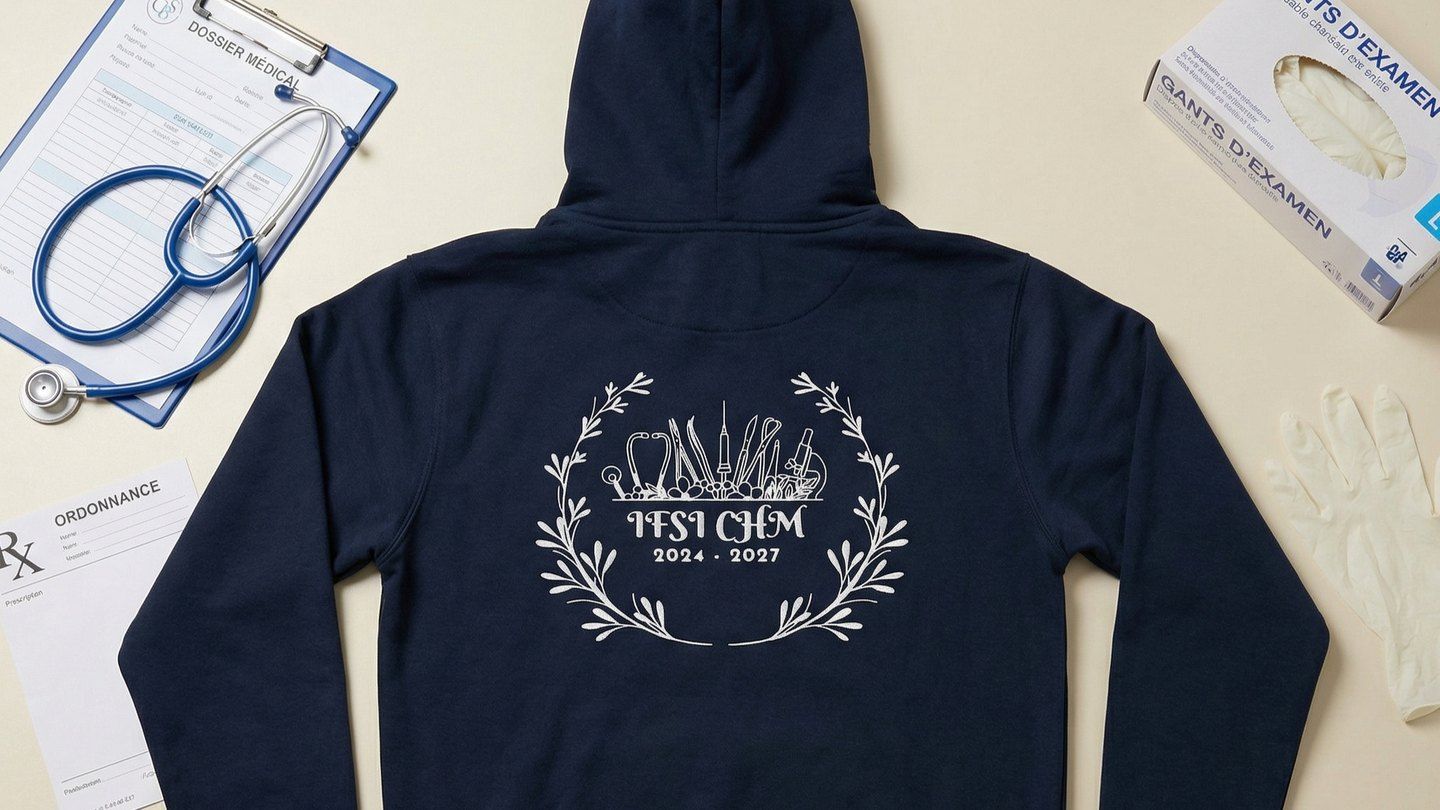 Gros plan sur la broderie du nom de la promotion et de son année