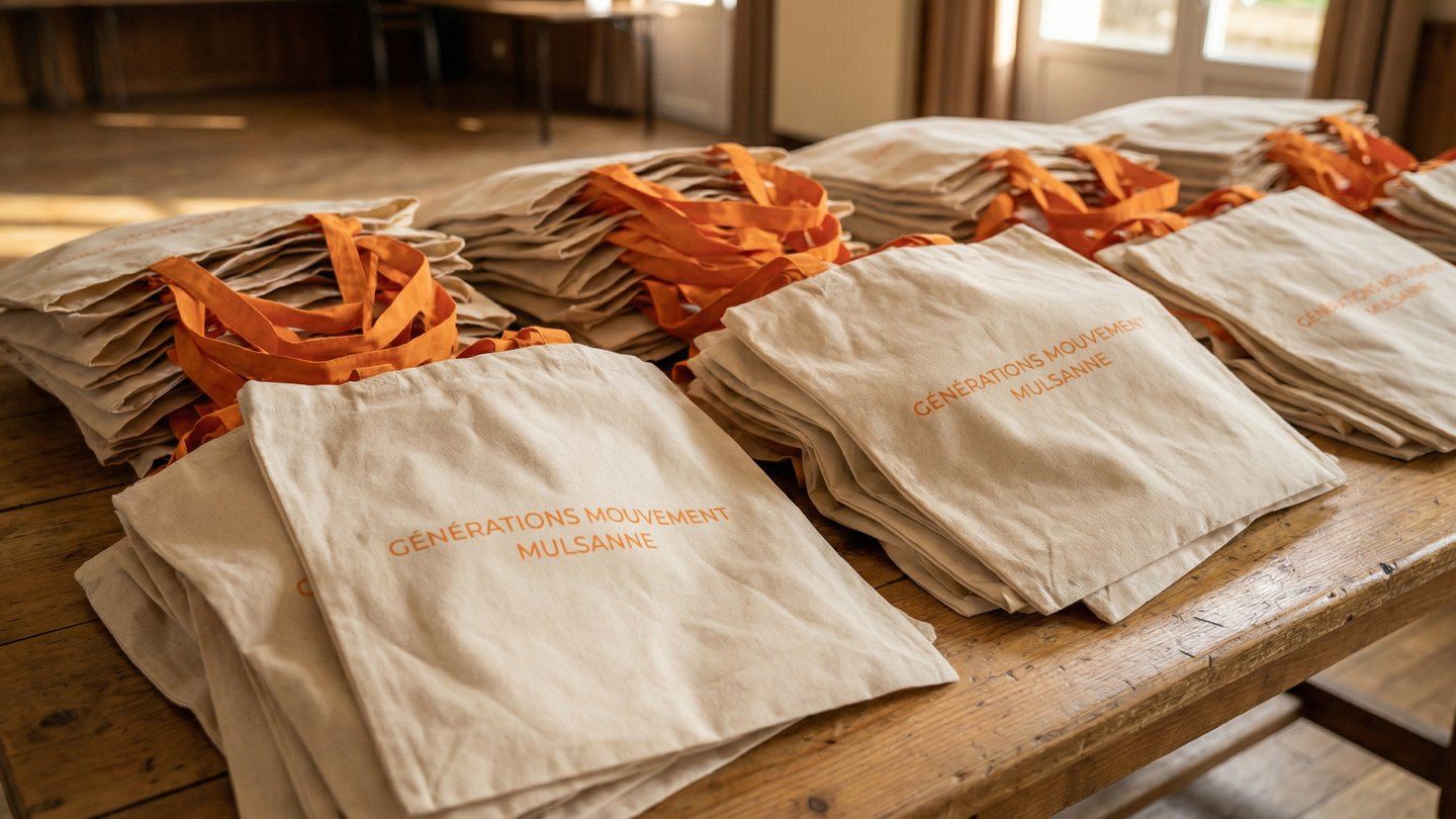 Gros plan sur la broderie du nom de l'association en face avant du sac